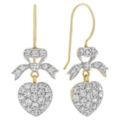 Diamond Heart and Bow Vintage Style Dangle Earrings in 14K Yellow Gold