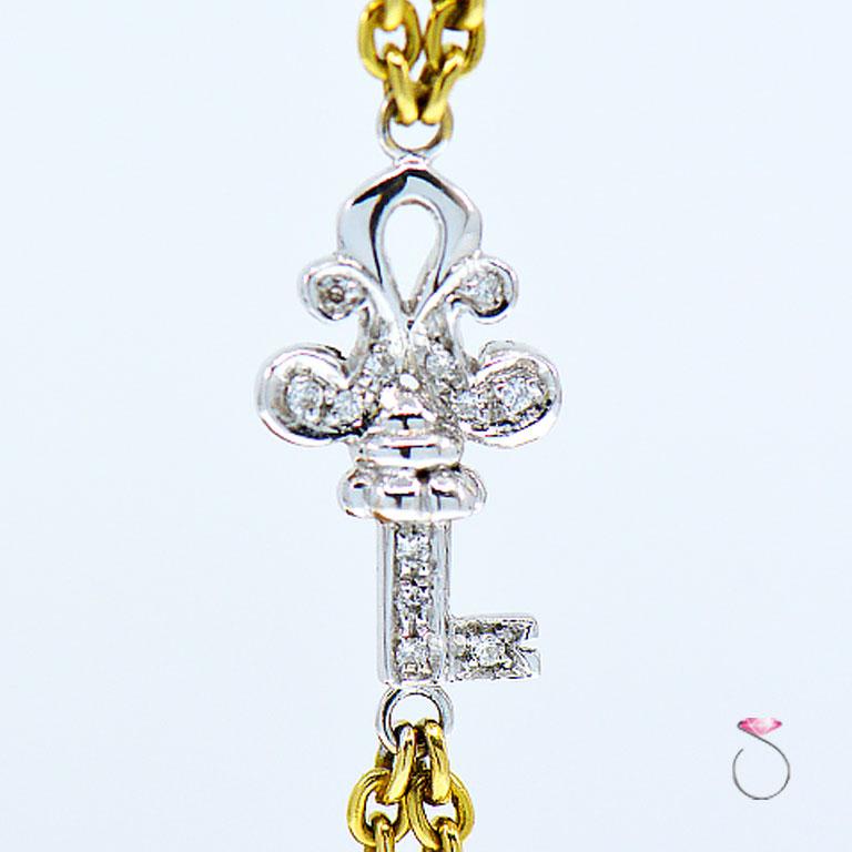 Modern Diamond Heart and Key Designer Bracelet in 18 Karat Yellow and White Gold