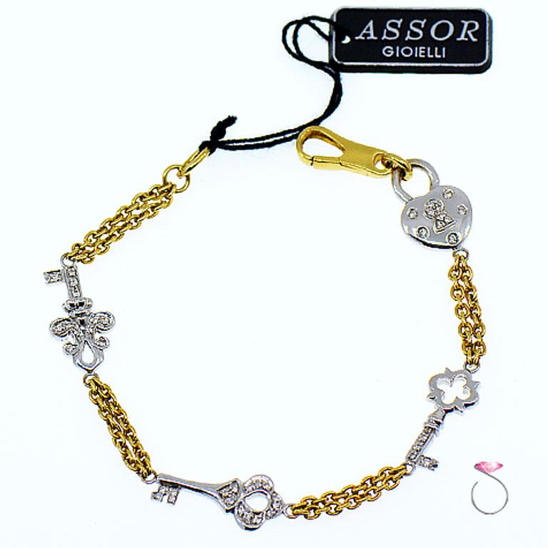 Women's or Men's Diamond Heart and Key Designer Bracelet in 18 Karat Yellow and White Gold