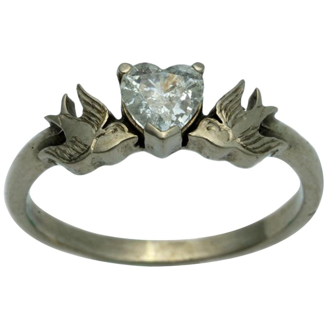 Diamond Heart and Swallows Ring in 18 Karat White Gold and White Diamond For Sale