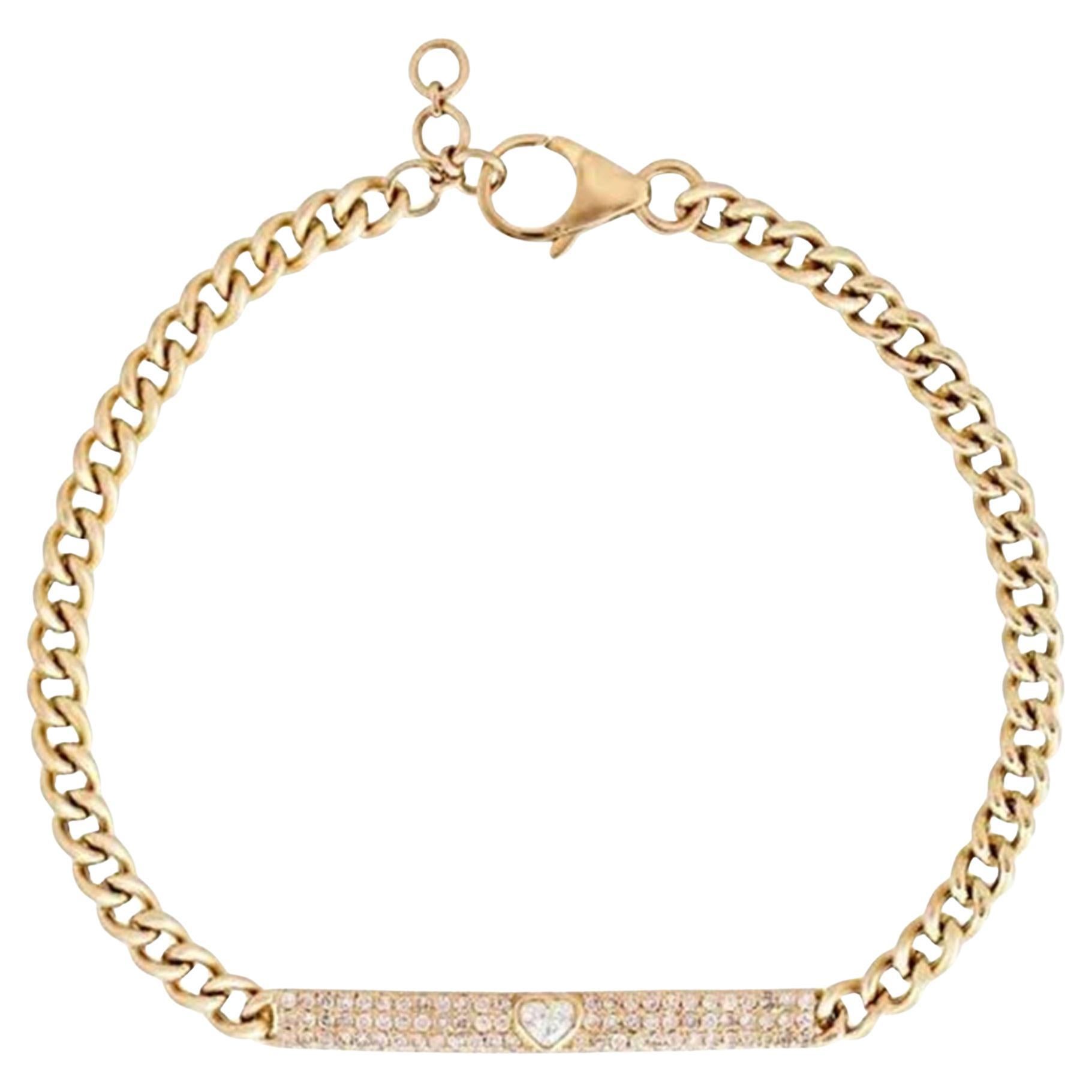 Diamond Heart Bar 14K (or 18k upon request) Gold Curb Chain Bracelet For Sale