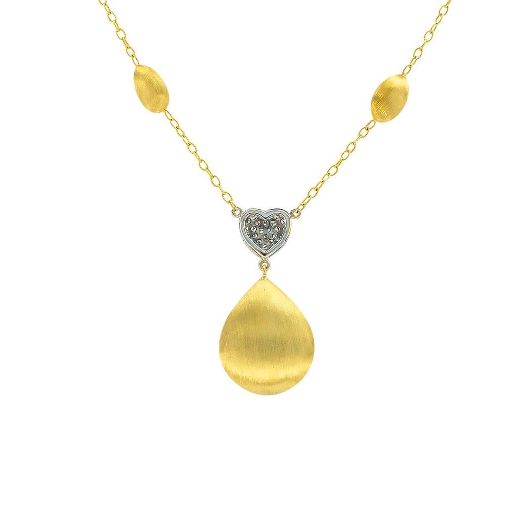Diamond Heart Bead Chain Link Yellow Gold Pendant Necklace In Good Condition In Los Angeles, CA