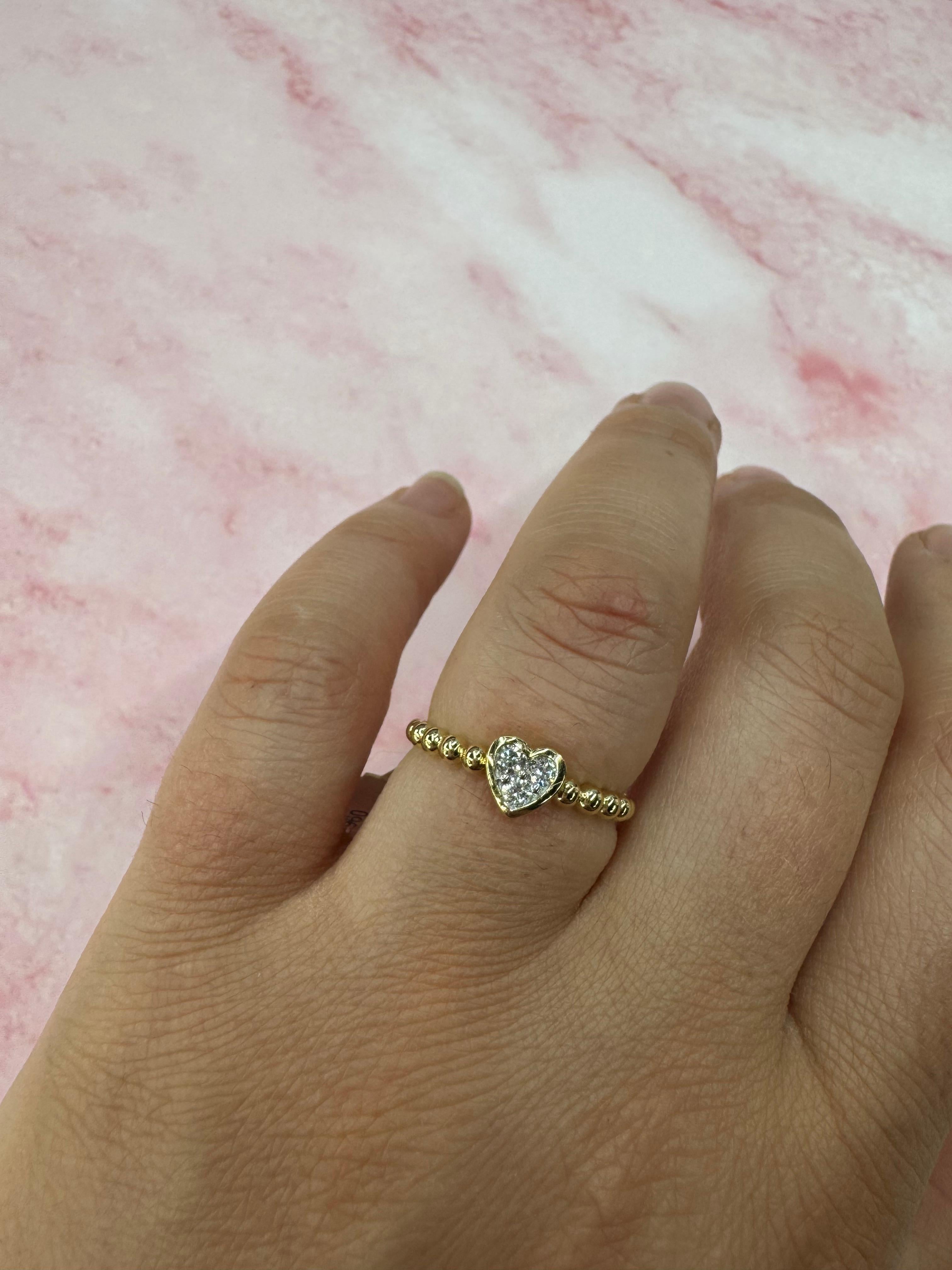 Bague cœur perlée 0,17 carat or jaune 14 carats 2,11 grammes Neuf - En vente à New York, NY