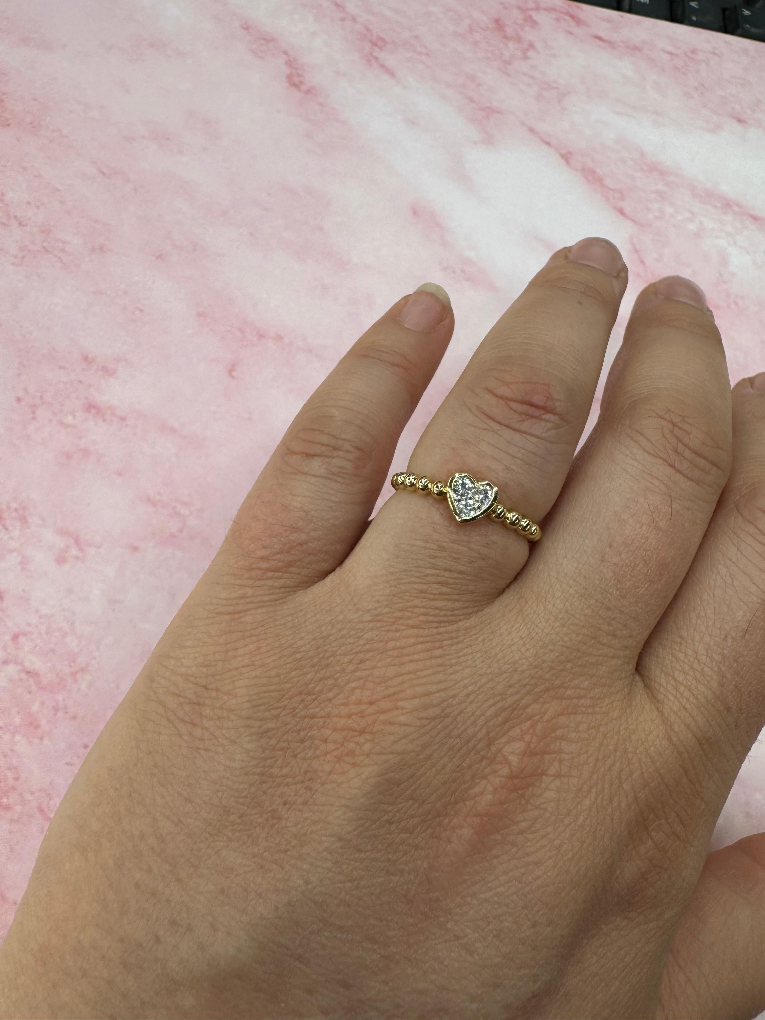 Bague cœur perlée 0,17 carat or jaune 14 carats 2,11 grammes en vente 1