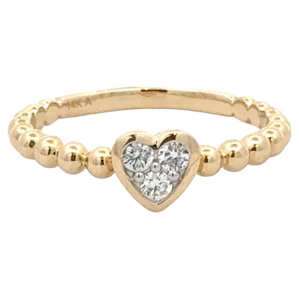 Diamond Heart Bezel Beaded Ring 0.17 Carats 14 Karat Yellow Gold 2.11 Grams