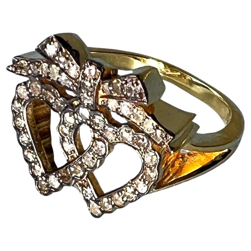 Taglio singolo Anello con fiocco di diamanti a cuore in stile vittoriano in vendita