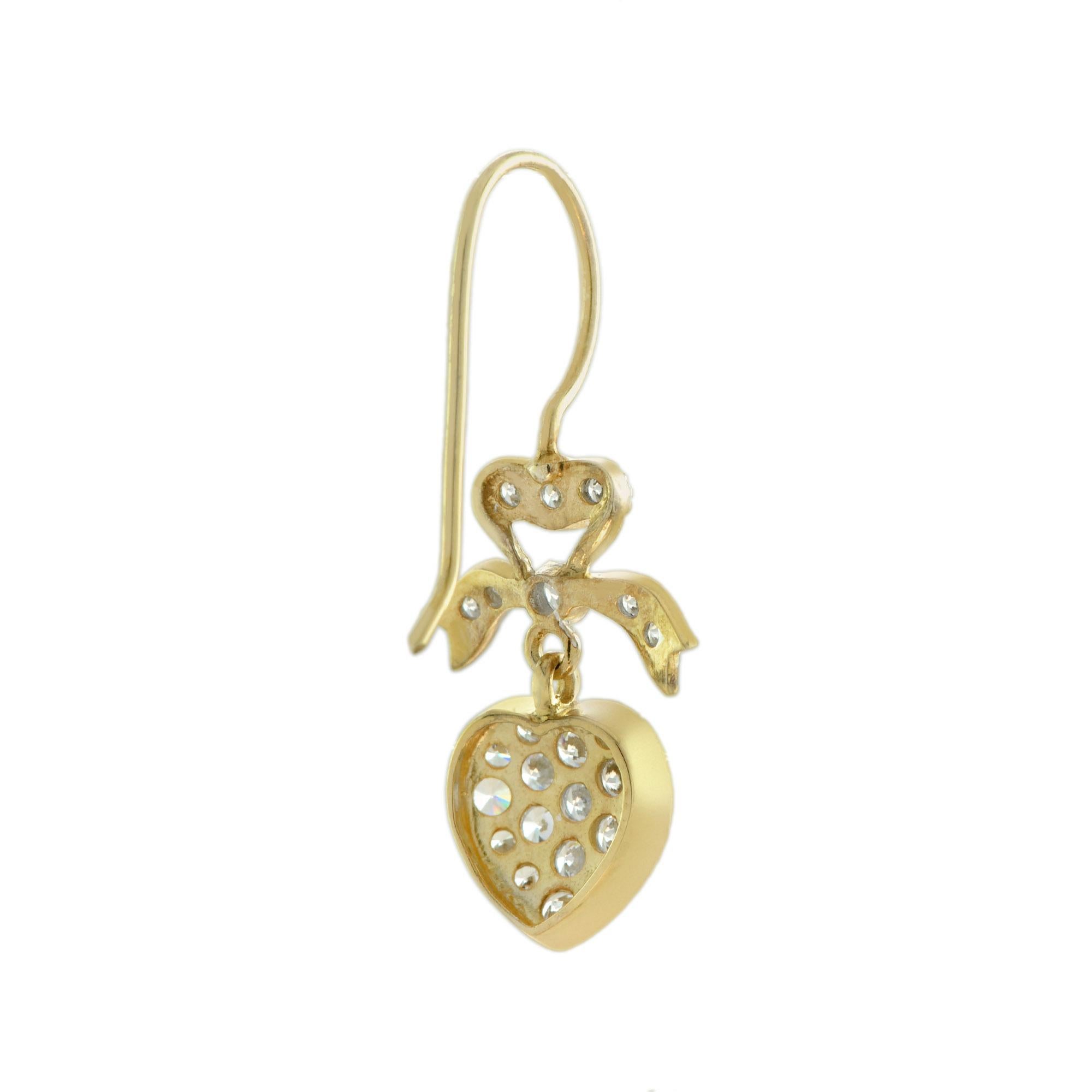 Diamant Herz & Bogen Vintage Style baumeln Pave Set 14K Gelbgold Ohrringe (Rundschliff) im Angebot