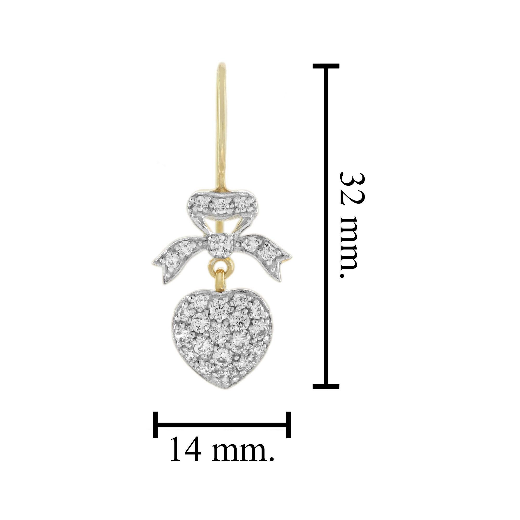 Diamant Herz & Bogen Vintage Style baumeln Pave Set 14K Gelbgold Ohrringe Damen im Angebot