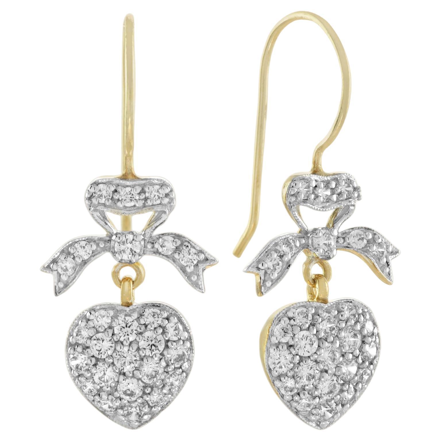 Diamant Herz & Bogen Vintage Style baumeln Pave Set 14K Gelbgold Ohrringe im Angebot