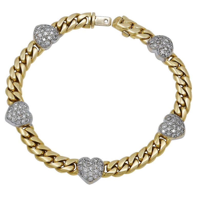 Diamond Heart Chain Gold Bracelet For Sale at 1stDibs