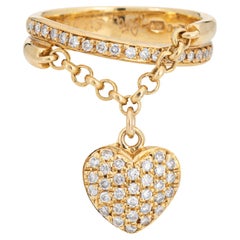 Diamond Heart Charm Ring Estate 18k Yellow Gold Band Sz 7 Fine Jewelry Dangle