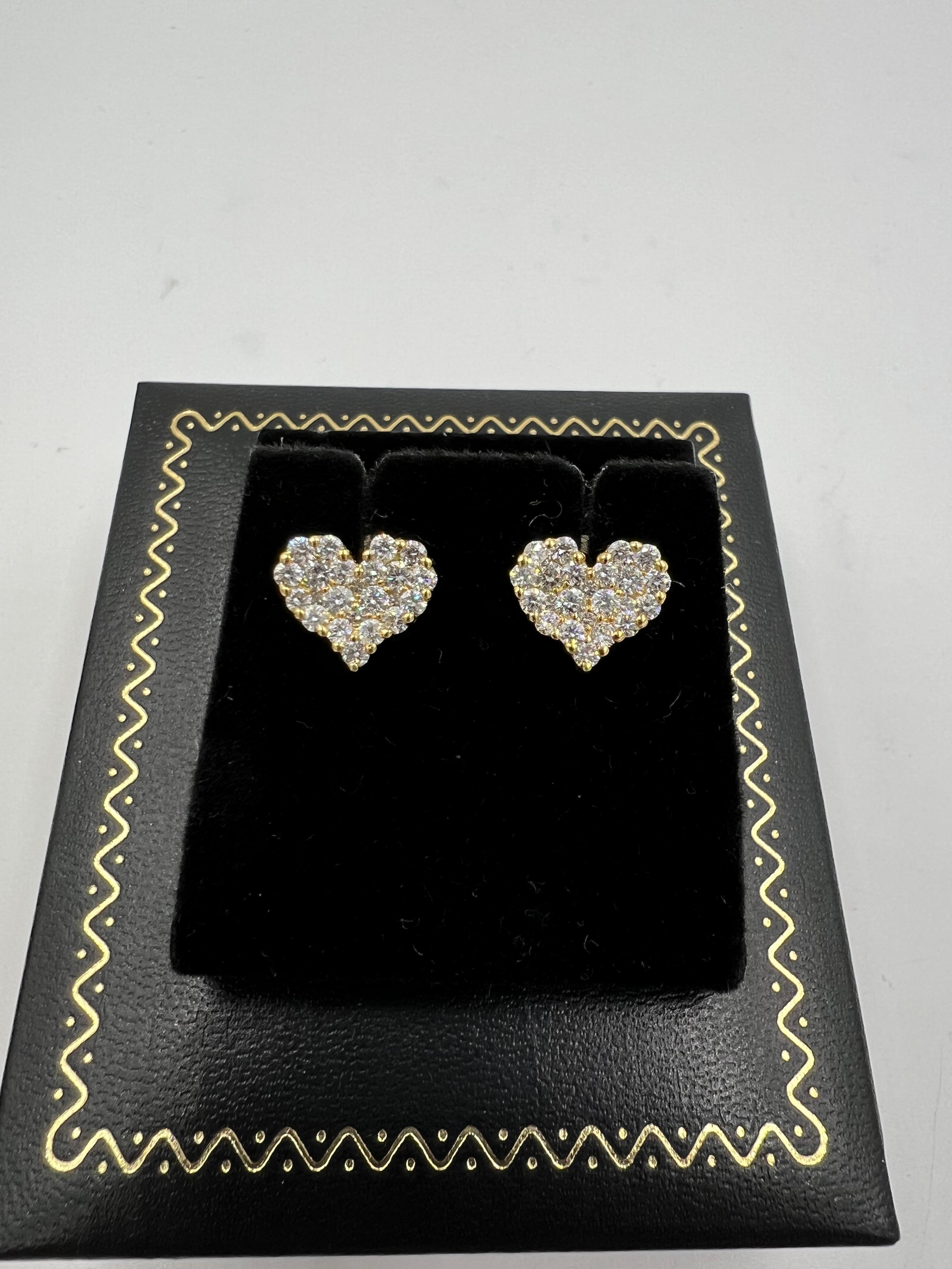 Diamond Heart Cluster 18k Yellow Gold Stud Earrings For Sale 2