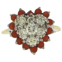 Diamond Heart Cluster and Natural Red Coral Halo Yellow Gold Ring