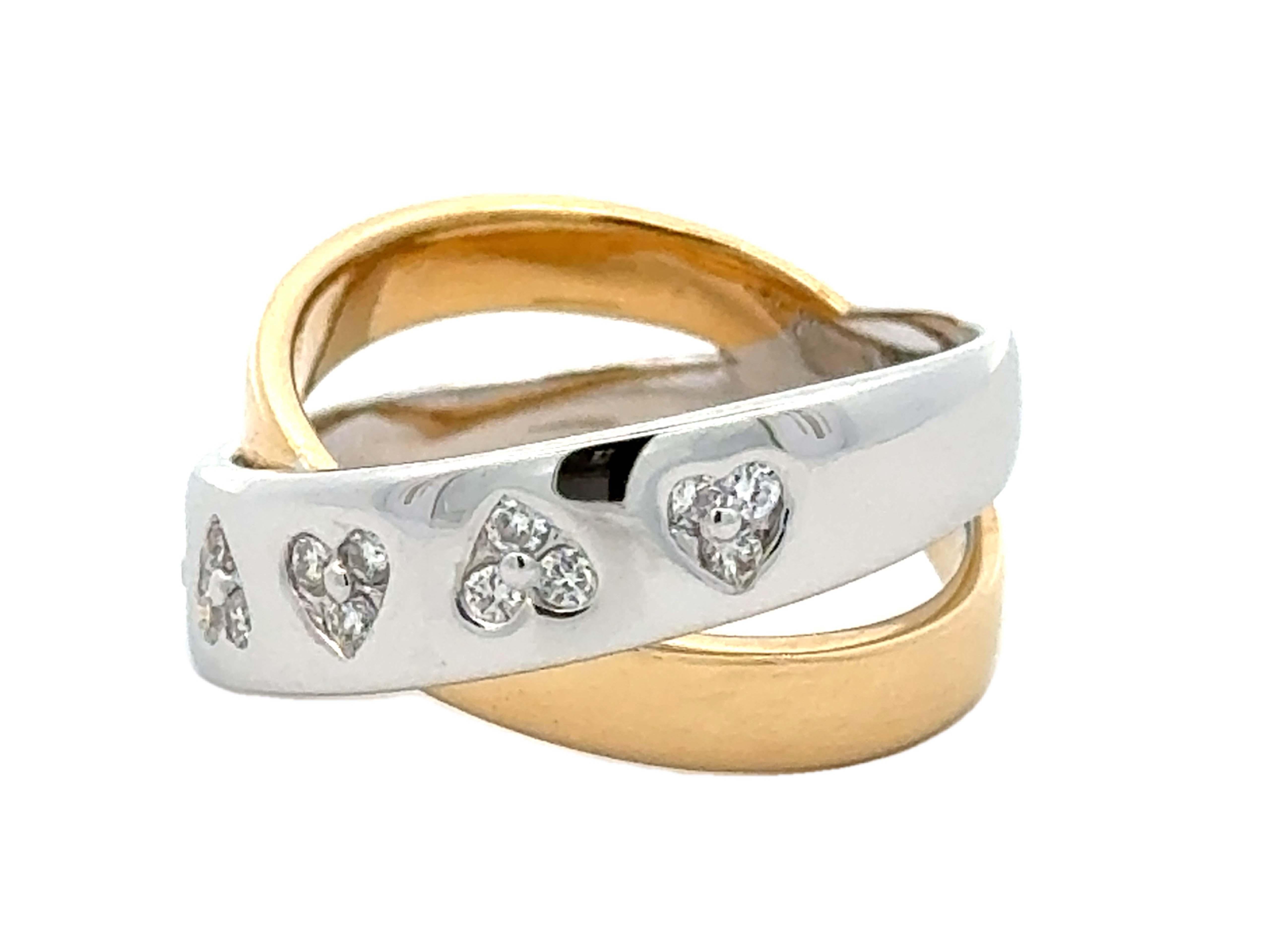 Brilliant Cut Diamond Heart Criss Cross Band Two Toned Ring 18K Yellow and White Gold For Sale