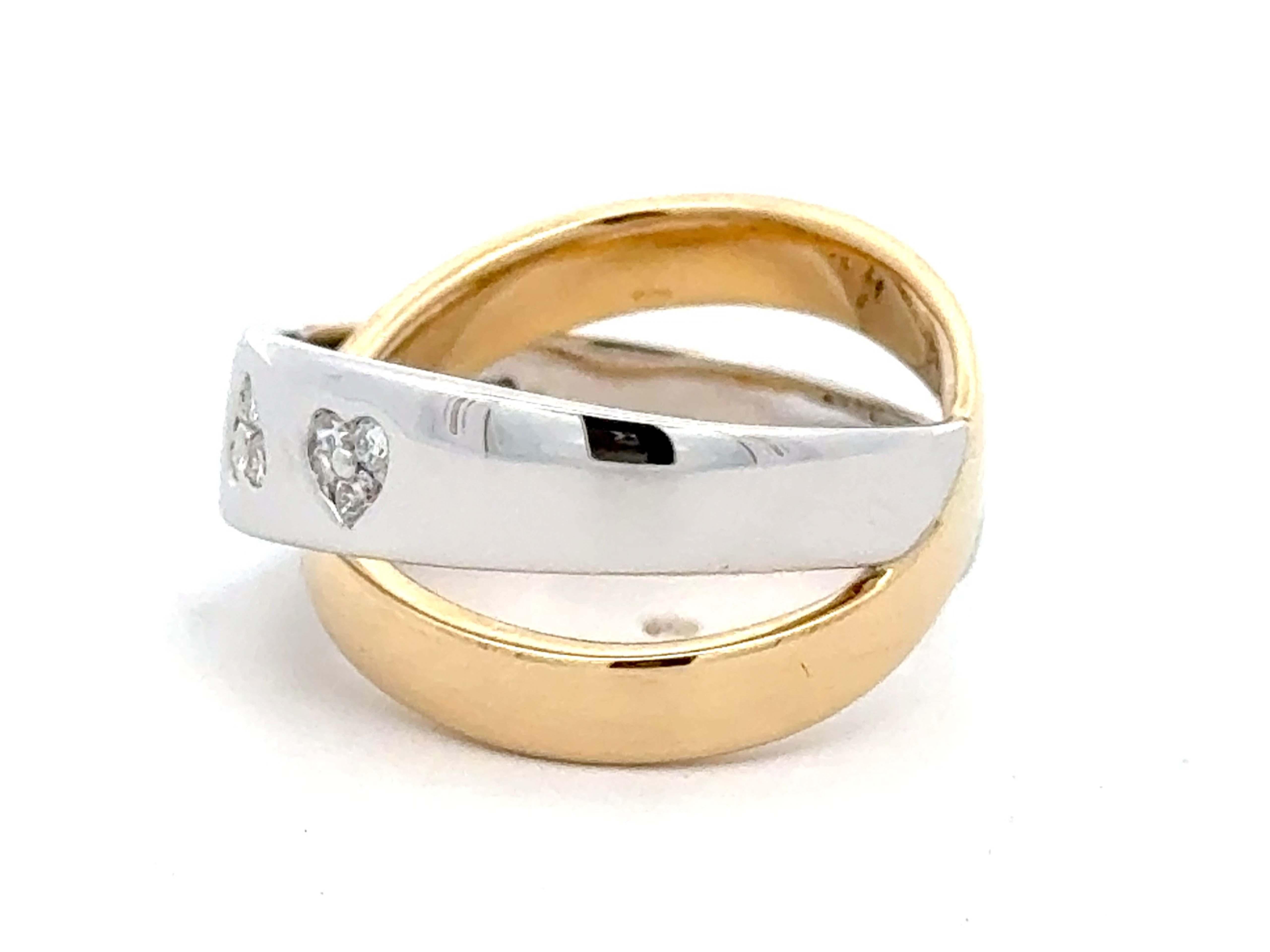Women's or Men's Diamond Heart Criss Cross Band Two Toned Ring 18K Yellow and White Gold For Sale