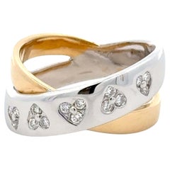 Diamond Heart Criss Cross Band Two Toned Ring 18K Yellow and White Gold