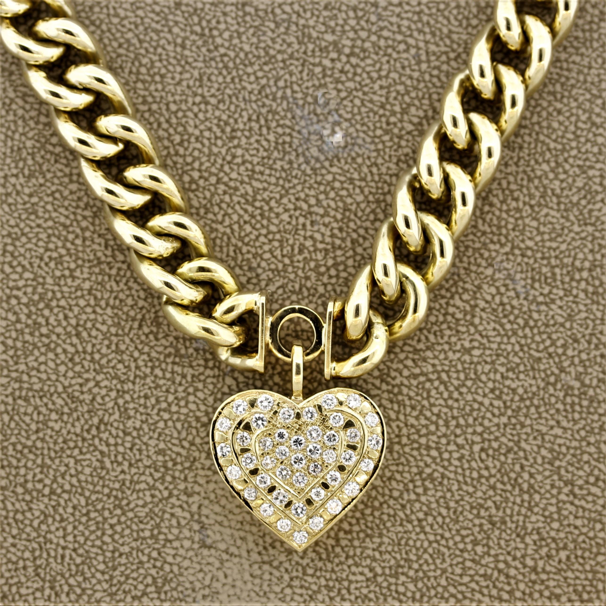 A classic curb link gold necklace with a diamond studded heart drop. The heart is set with 1 carat of round brilliant cut diamonds. The links are all hand fabricated with a smooth and shiny polish. Made in 14k yellow gold.

Length:  18 inches