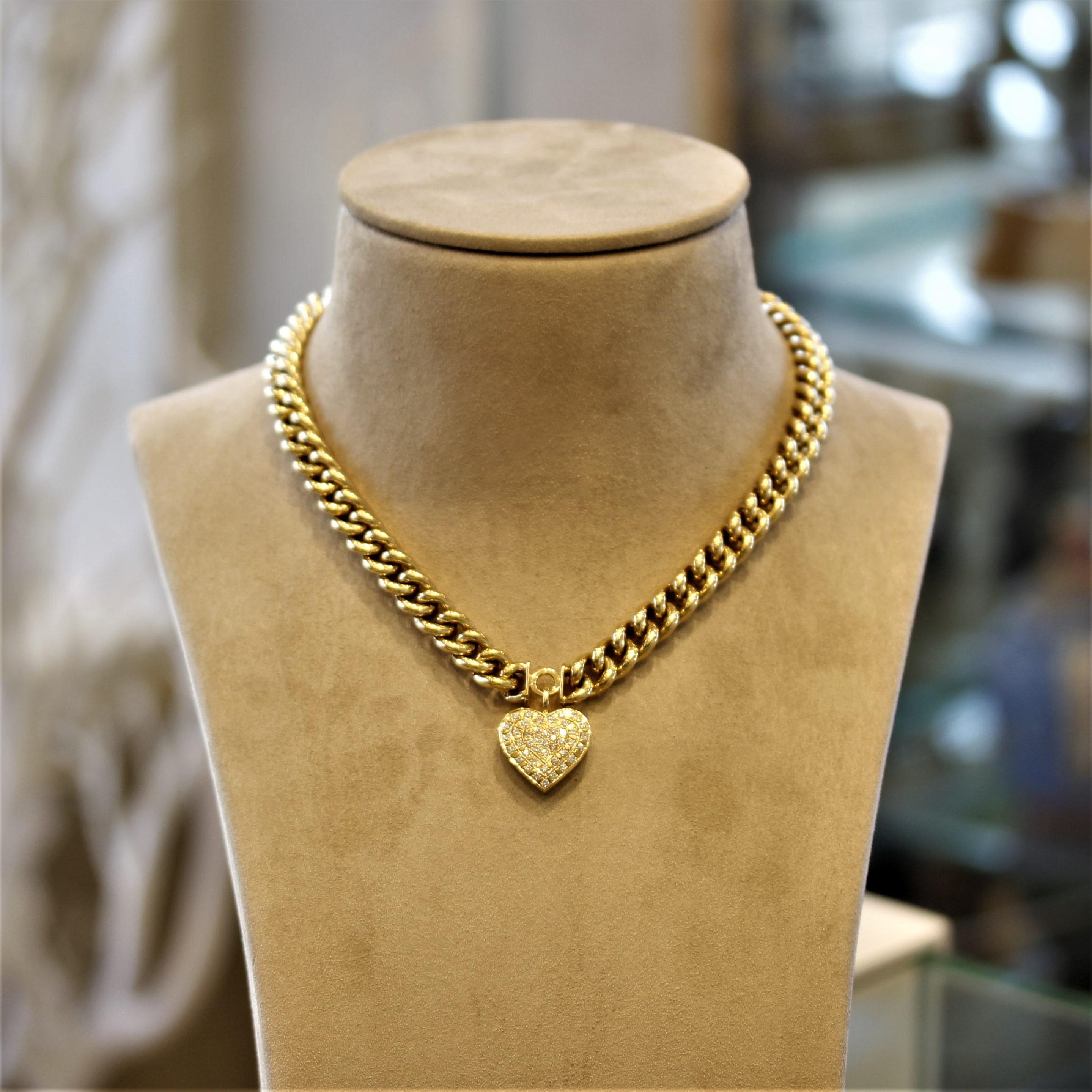Diamond Heart Curb-Link Gold Necklace In New Condition In Beverly Hills, CA