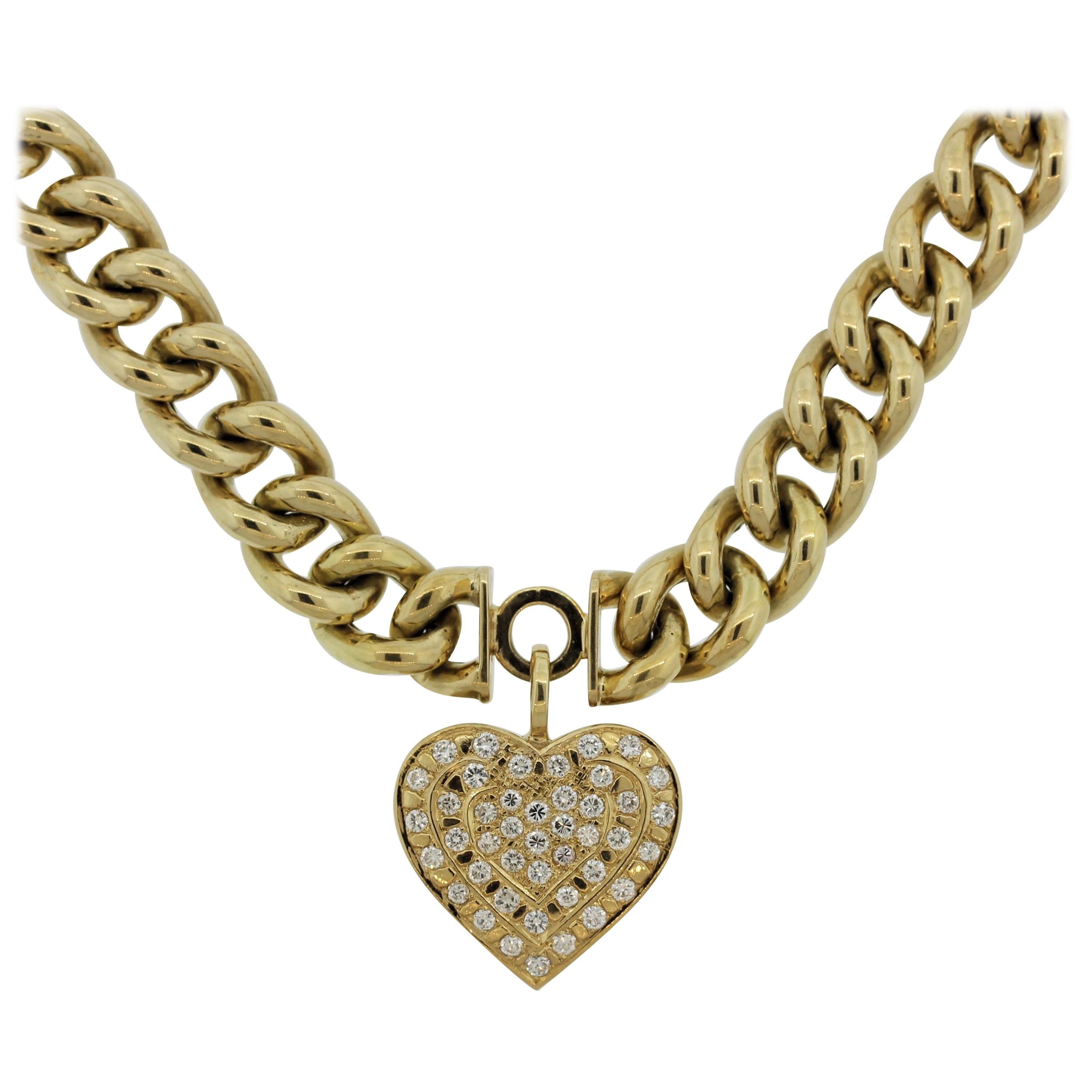 Diamond Heart Curb-Link Gold Necklace