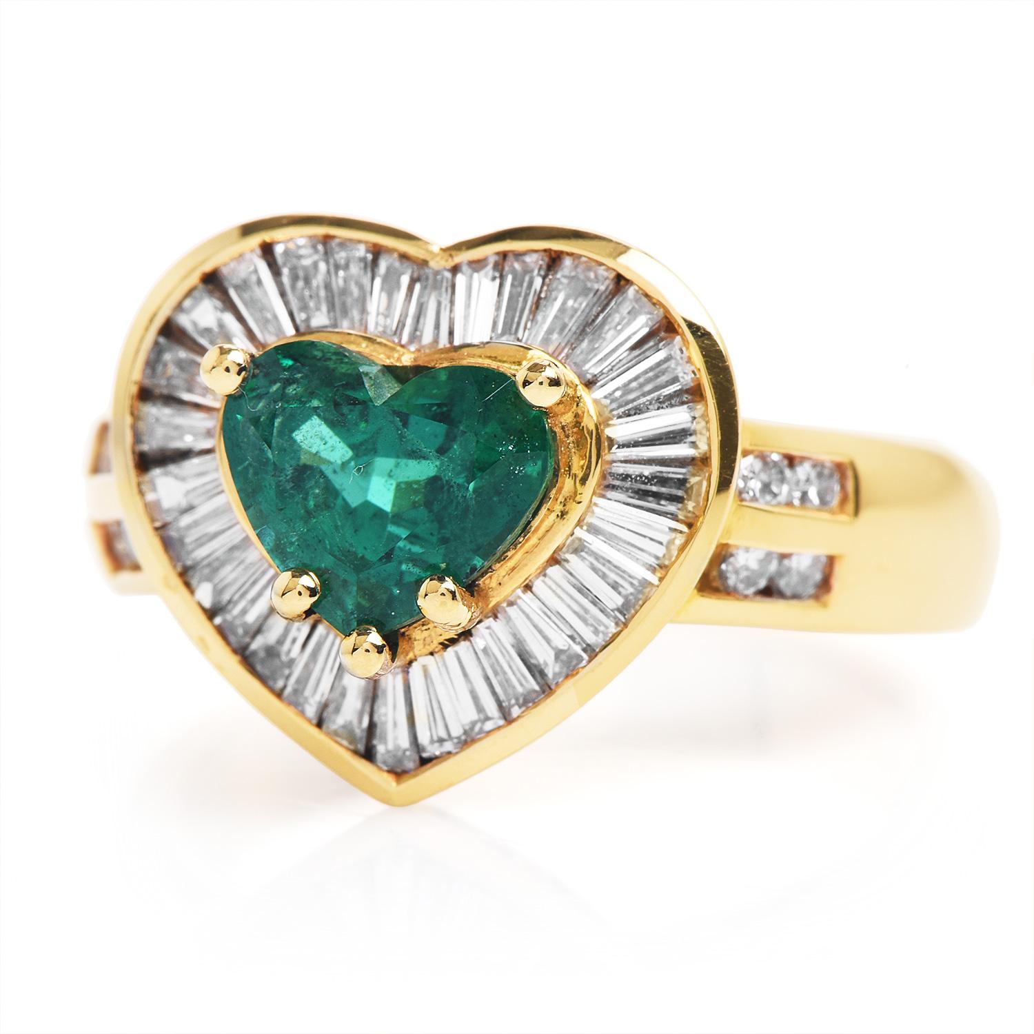 This exquisite bright, vivid ring represents the spark of love and luxury.

Crafted in 18K Yellow Gold,

With a Heart Design on the center, created by a Genuine Emerald heart cut, a Prong Set of 1.17 carats.

Exquisite Halo with (28) Baguette cut
