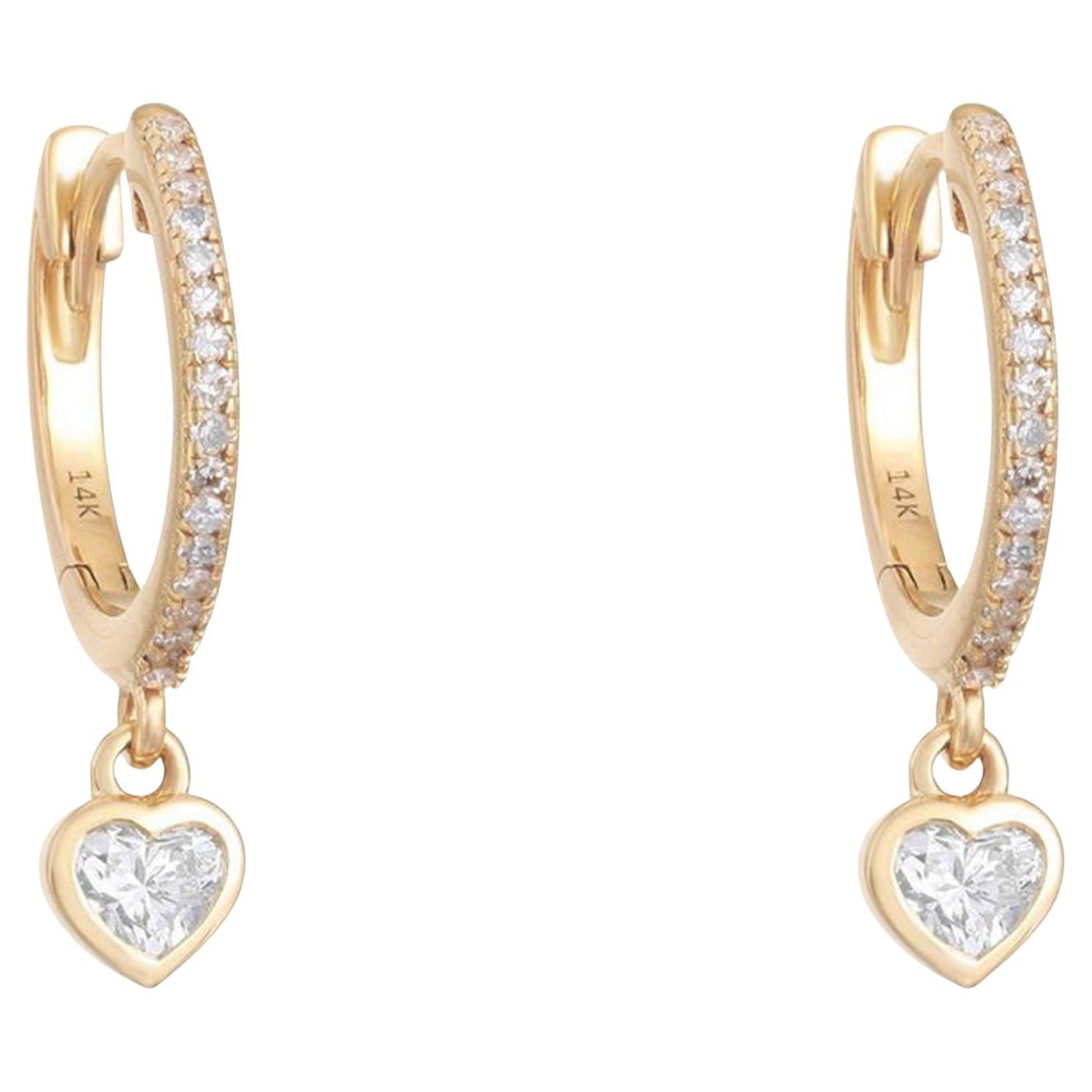 Diamond Heart Drop 14K (or 18k upon request) Yellow Gold Huggie Hoop Earrings