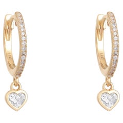 Diamond Heart Drop 14K (or 18k upon request) Yellow Gold Huggie Hoop Earrings