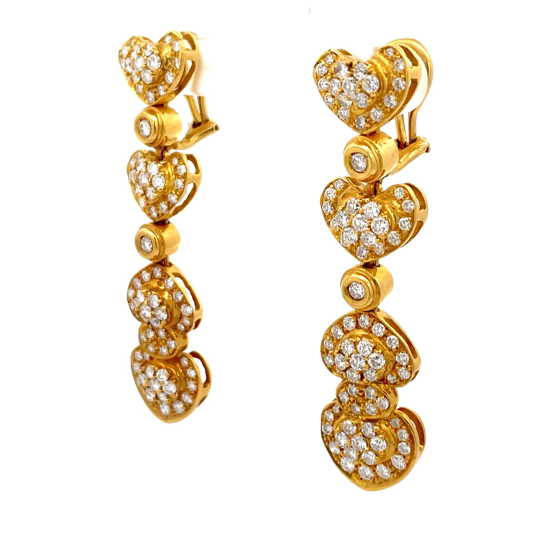 Contemporary Diamond Heart Drop Earrings 18 Karat Yellow Gold 4.50 Carats Circa 1980s