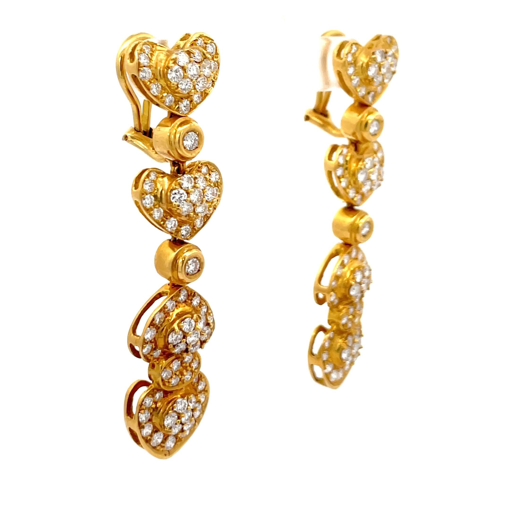 Round Cut Diamond Heart Drop Earrings 18 Karat Yellow Gold 4.50 Carats Circa 1980s