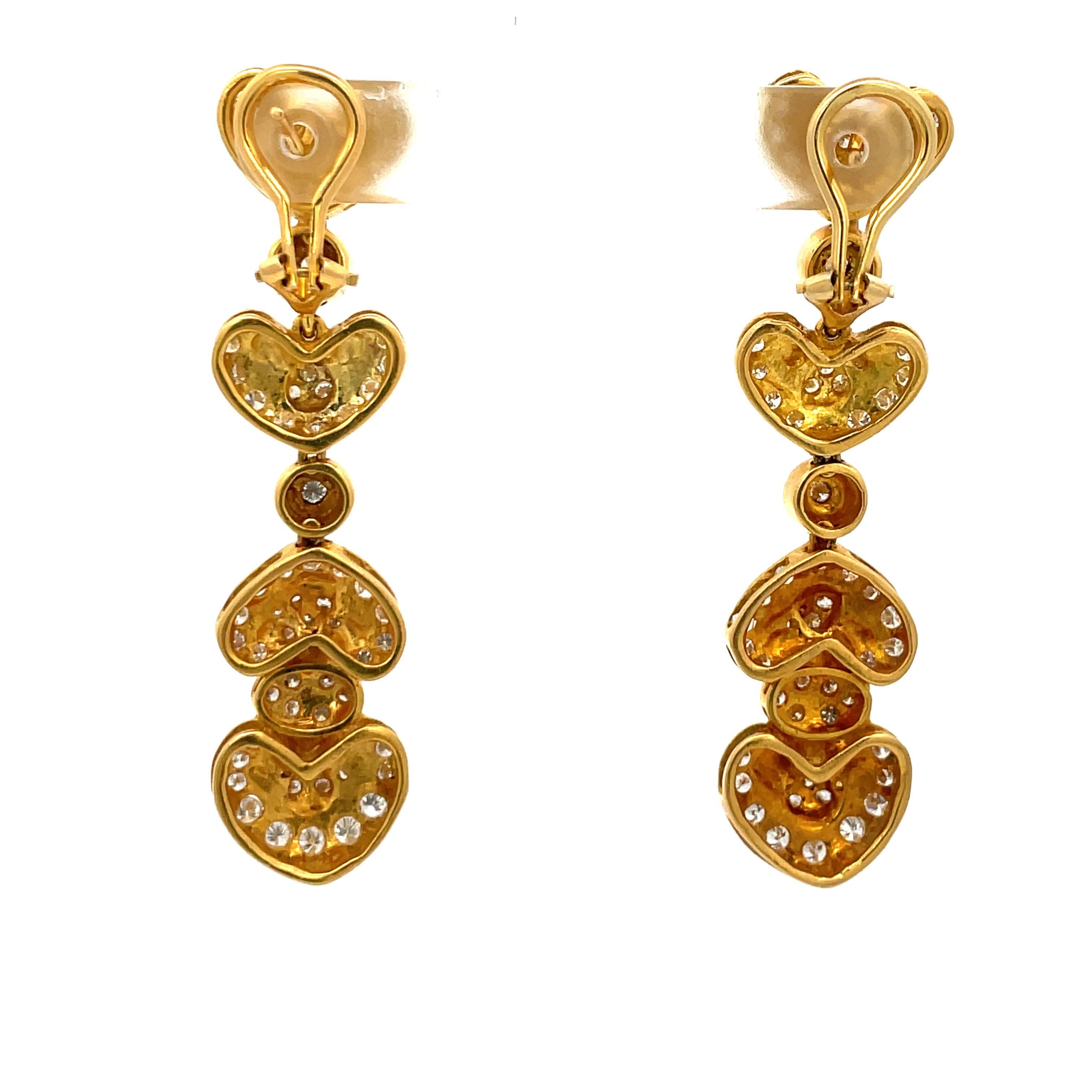 Diamond Heart Drop Earrings 18 Karat Yellow Gold 4.50 Carats Circa 1980s 3