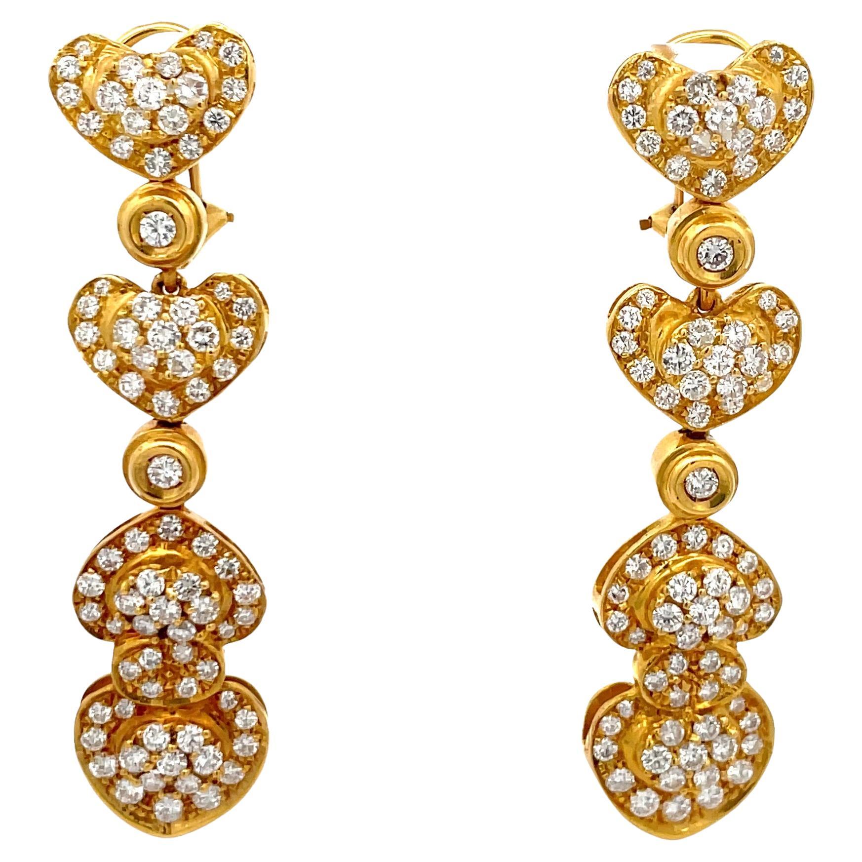 Diamond Heart Drop Earrings 18 Karat Yellow Gold 4.50 Carats Circa 1980s