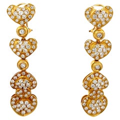 Vintage Diamond Heart Drop Earrings 18 Karat Yellow Gold 4.50 Carats Circa 1980s