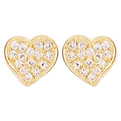 Diamond Heart Earrings, 14 Karat Yellow Gold Heart Pave Diamond Studs, Valentine