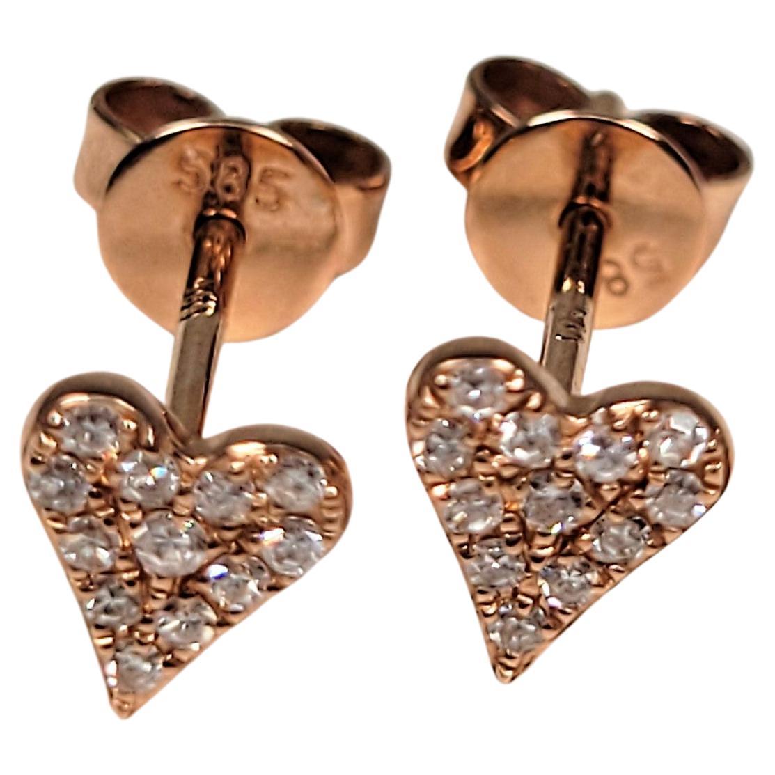 Diamond Heart Earrings in 14 Karat Rose Gold For Sale