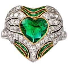 Diamond Heart Emerald Platinum Filigree Ring