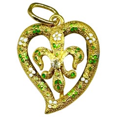 Diamond Heart Flower 14K Gold Enamel Pendant Necklace Victorian Fleur de Lis