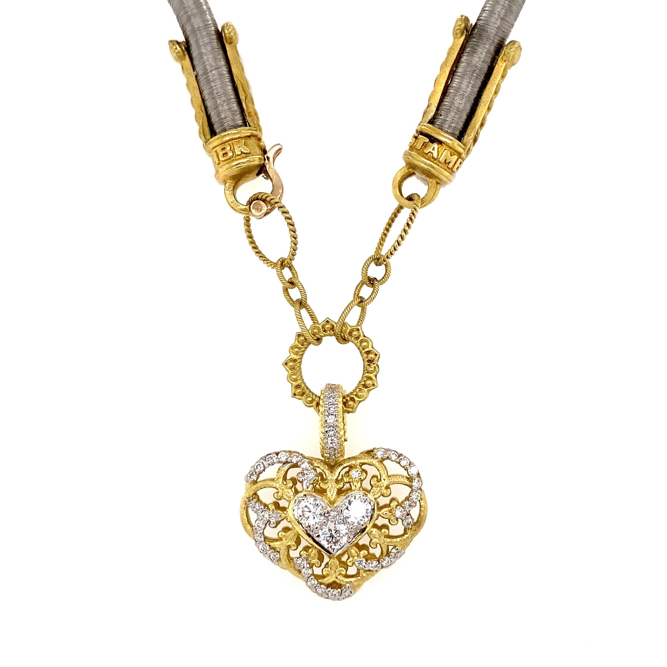 Brilliant Cut Diamond Heart Gold and Stainless Steel Signed Stambolian Drop Pendant Necklace