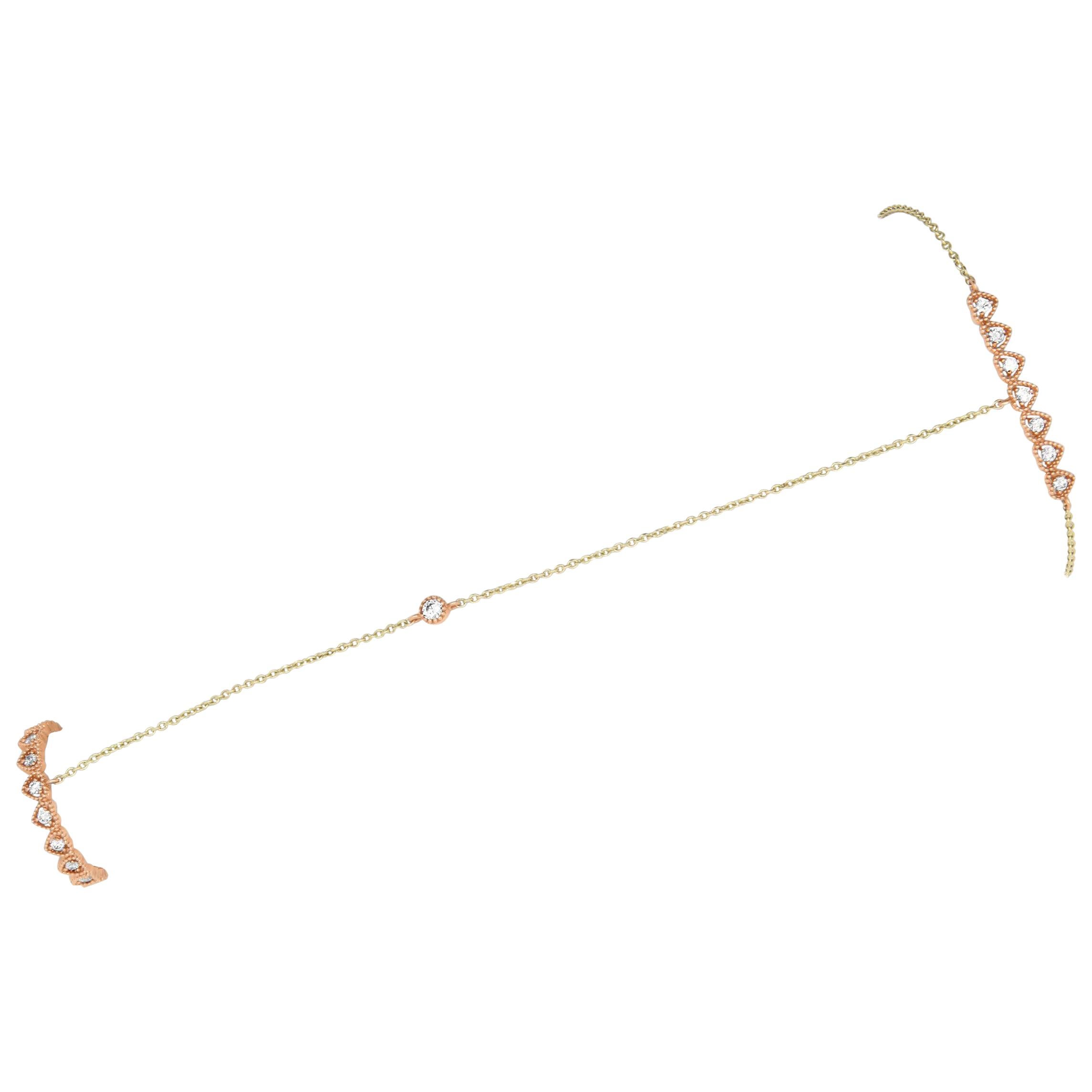 Round White Diamond Heart 14K Two-Tone Yellow Rose Gold Line Hand Chain