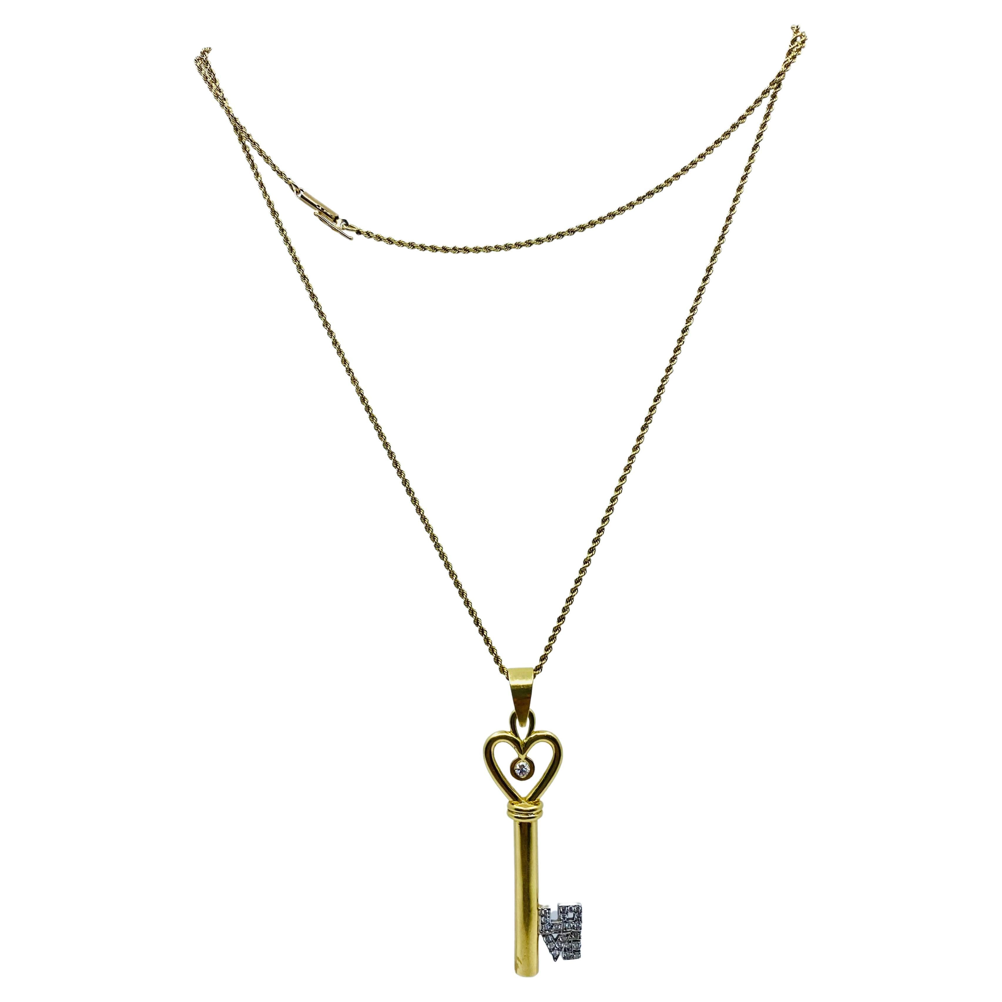 Diamond Heart Key Gold Pendant Necklace