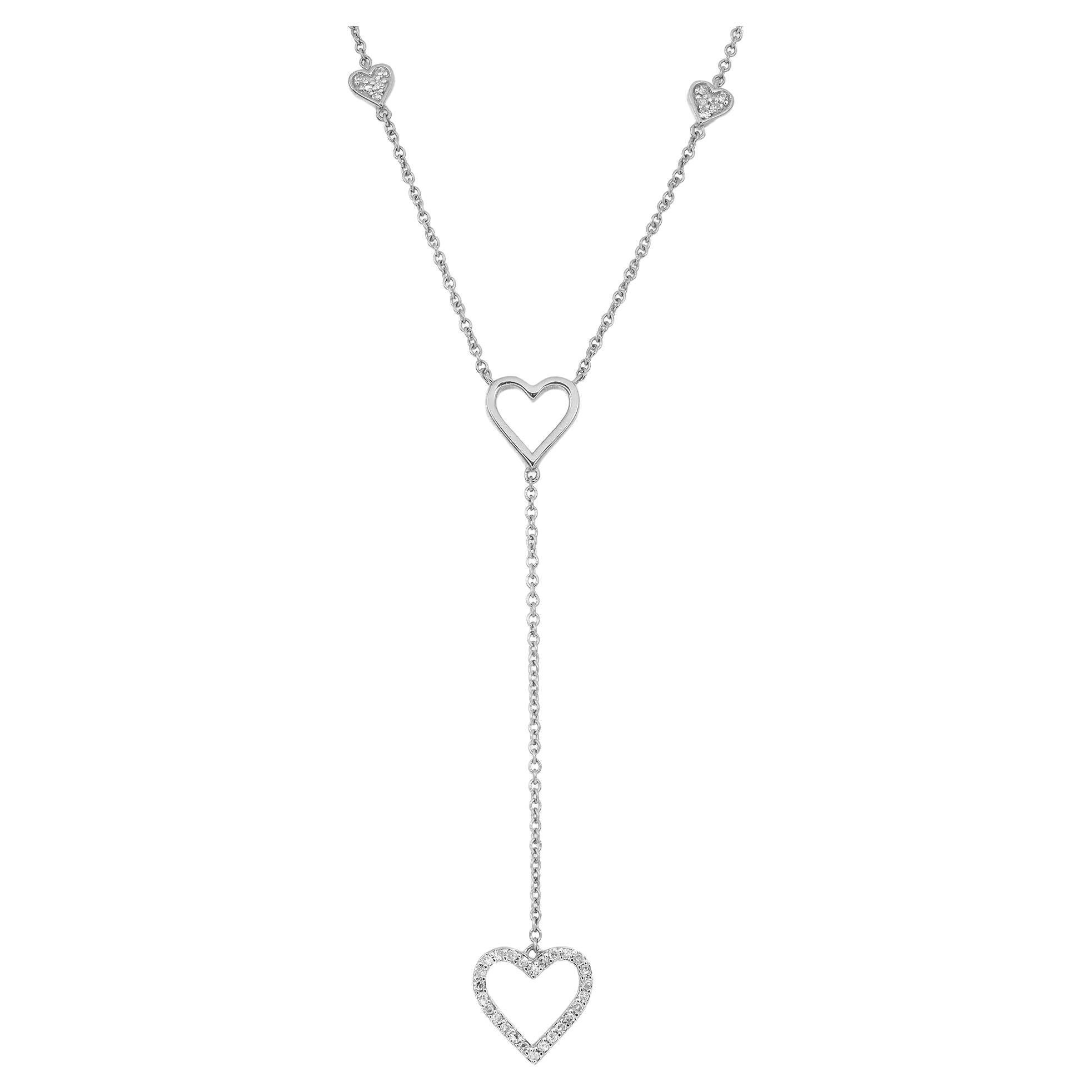 Diamond Heart Lariat Necklace Round Cut 14K White Gold 0.14Cttw