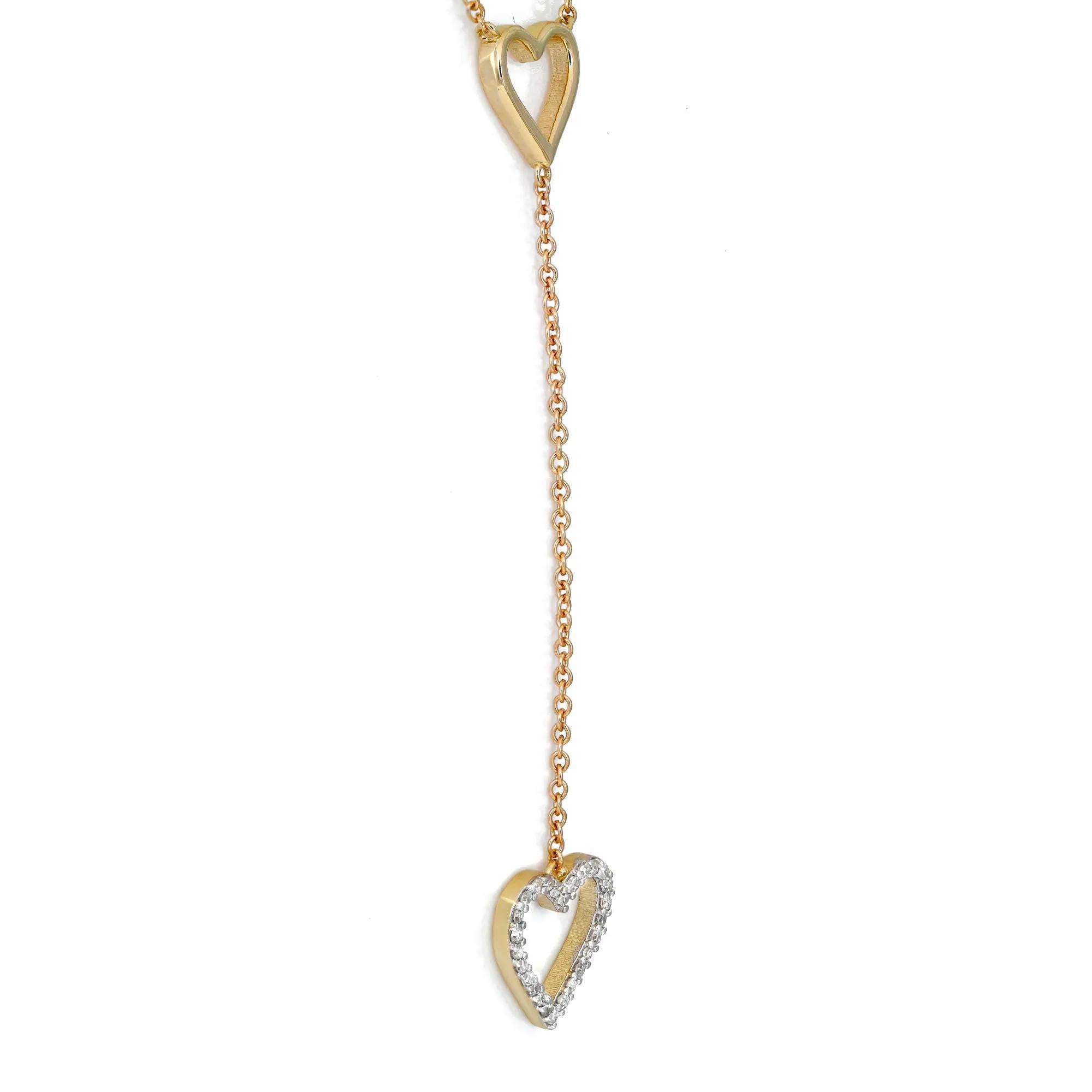Diamond Heart Lariat Necklace Round Cut In 14K Yellow Gold 0.14Cttw In New Condition For Sale In New York, NY