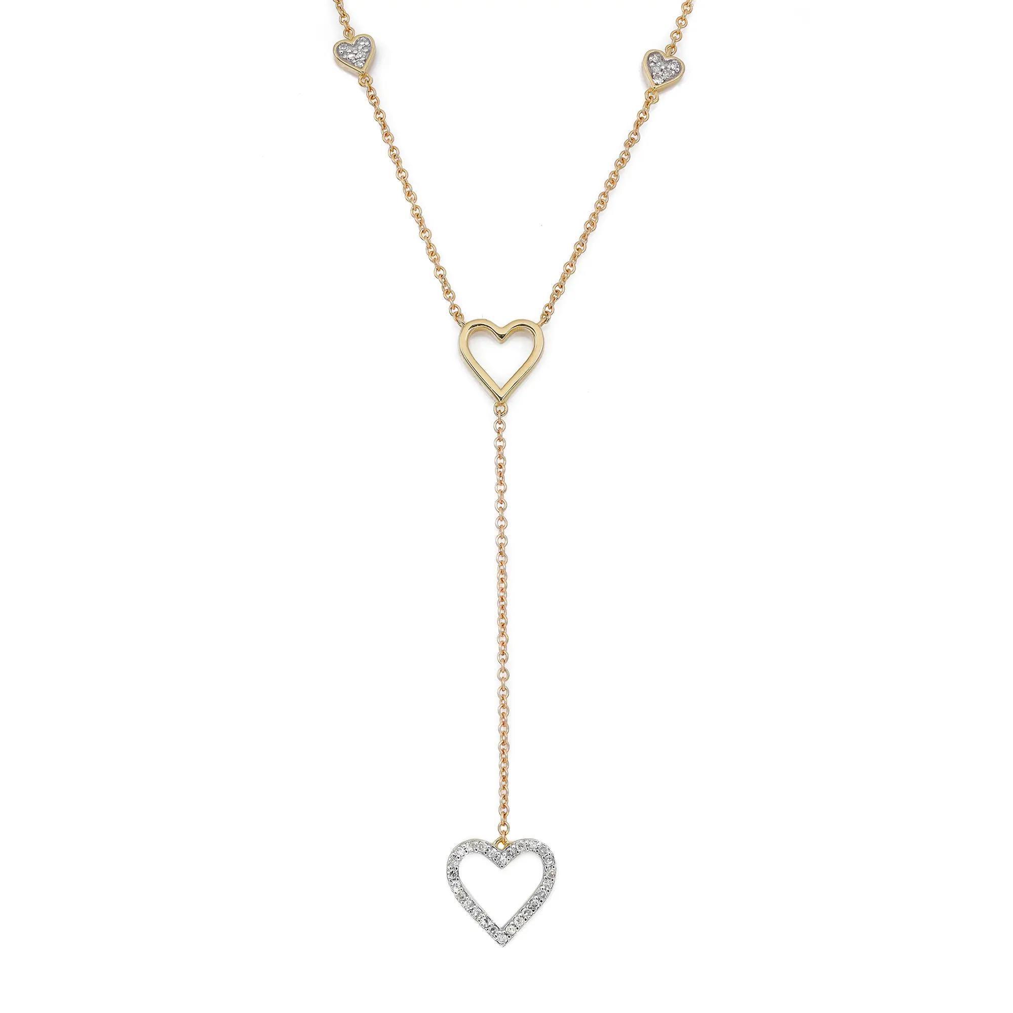 Diamond Heart Lariat Necklace Round Cut In 14K Yellow Gold 0.14Cttw For Sale 1
