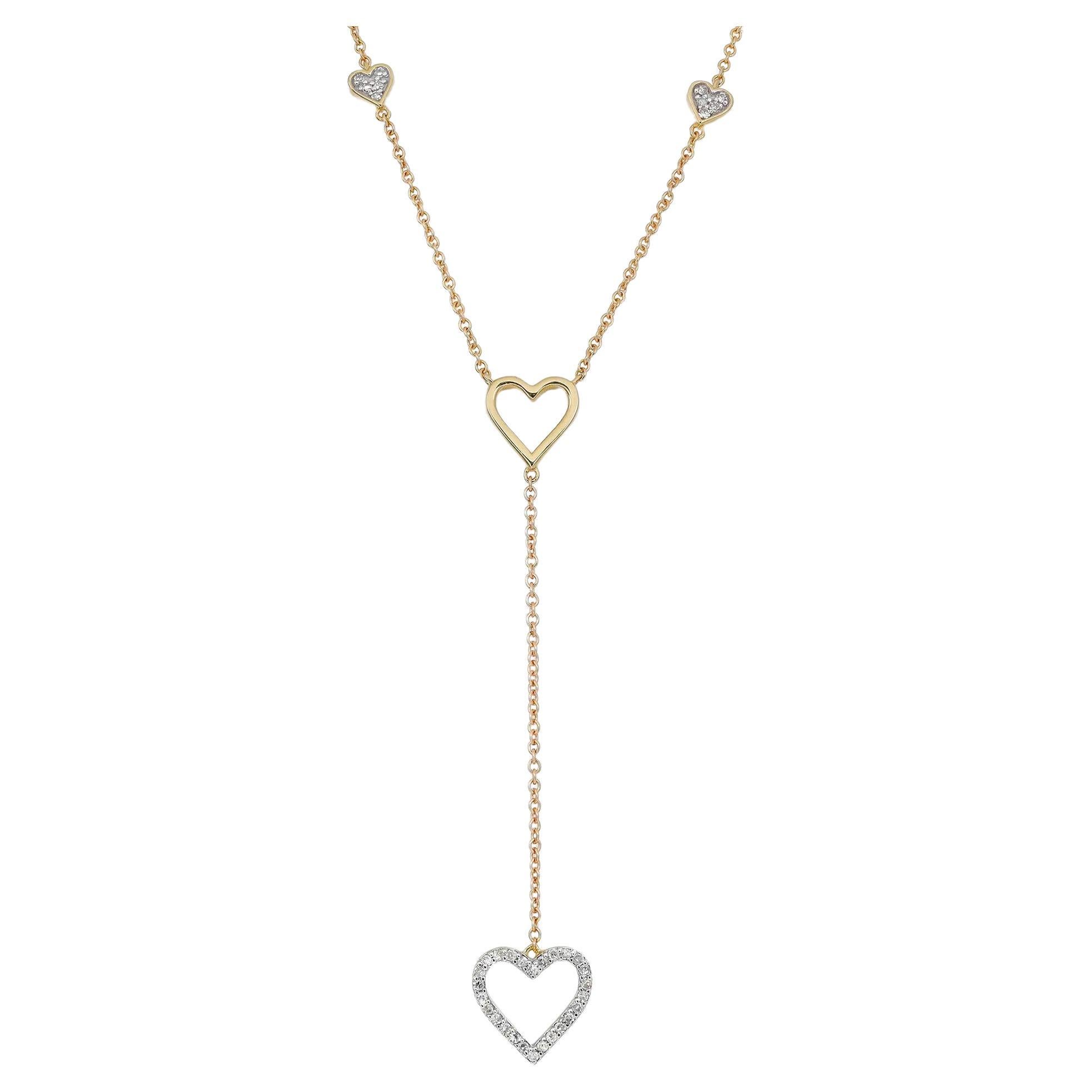 Diamond Heart Lariat Necklace Round Cut In 14K Yellow Gold 0.14Cttw For Sale
