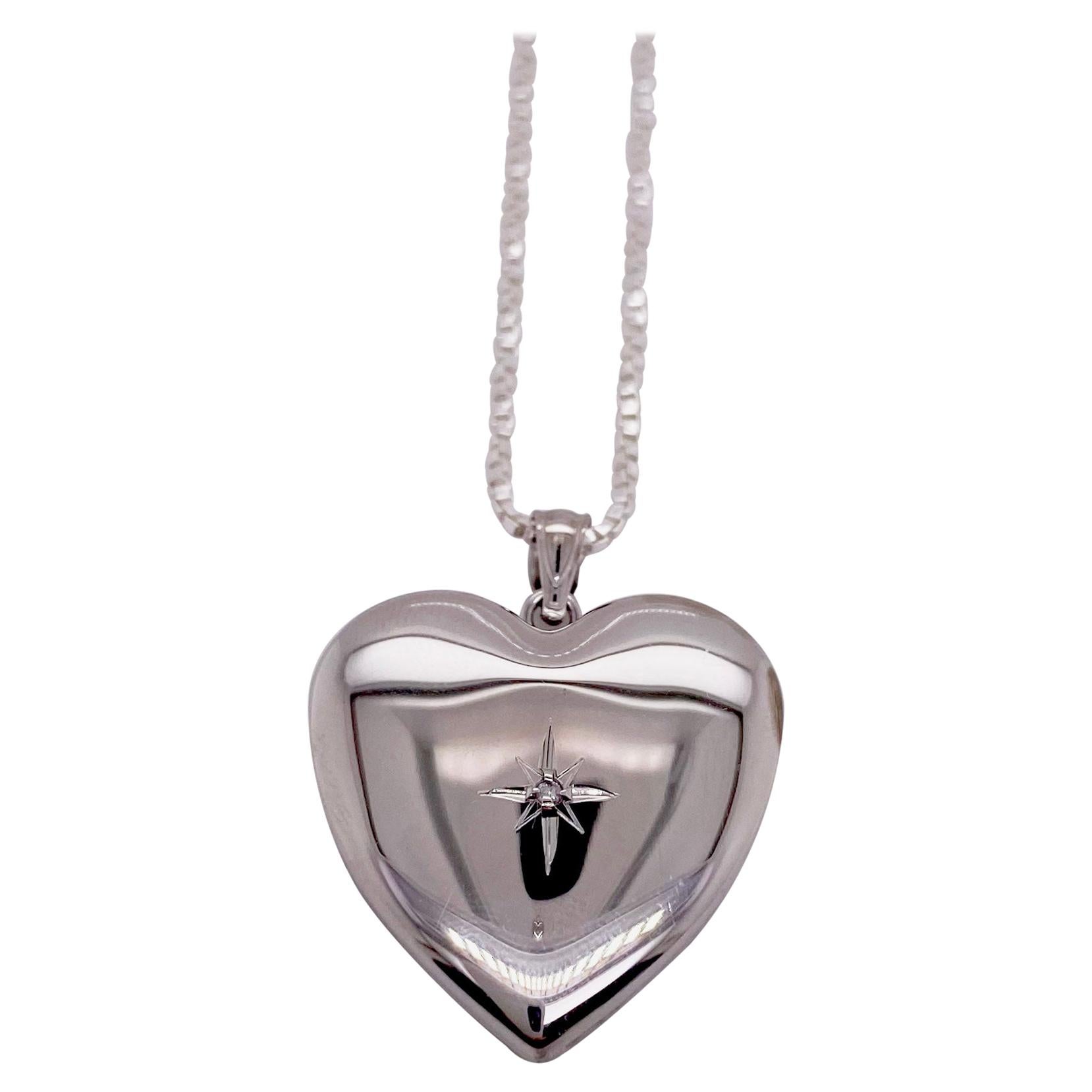 Diamond Heart Locket with Diamond Star in Sterling Silver Chain For Sale