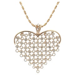 Diamond Heart Mesh Pendant Necklace 1.43 Carats 14 Karat Yellow Gold 14.5 Grams