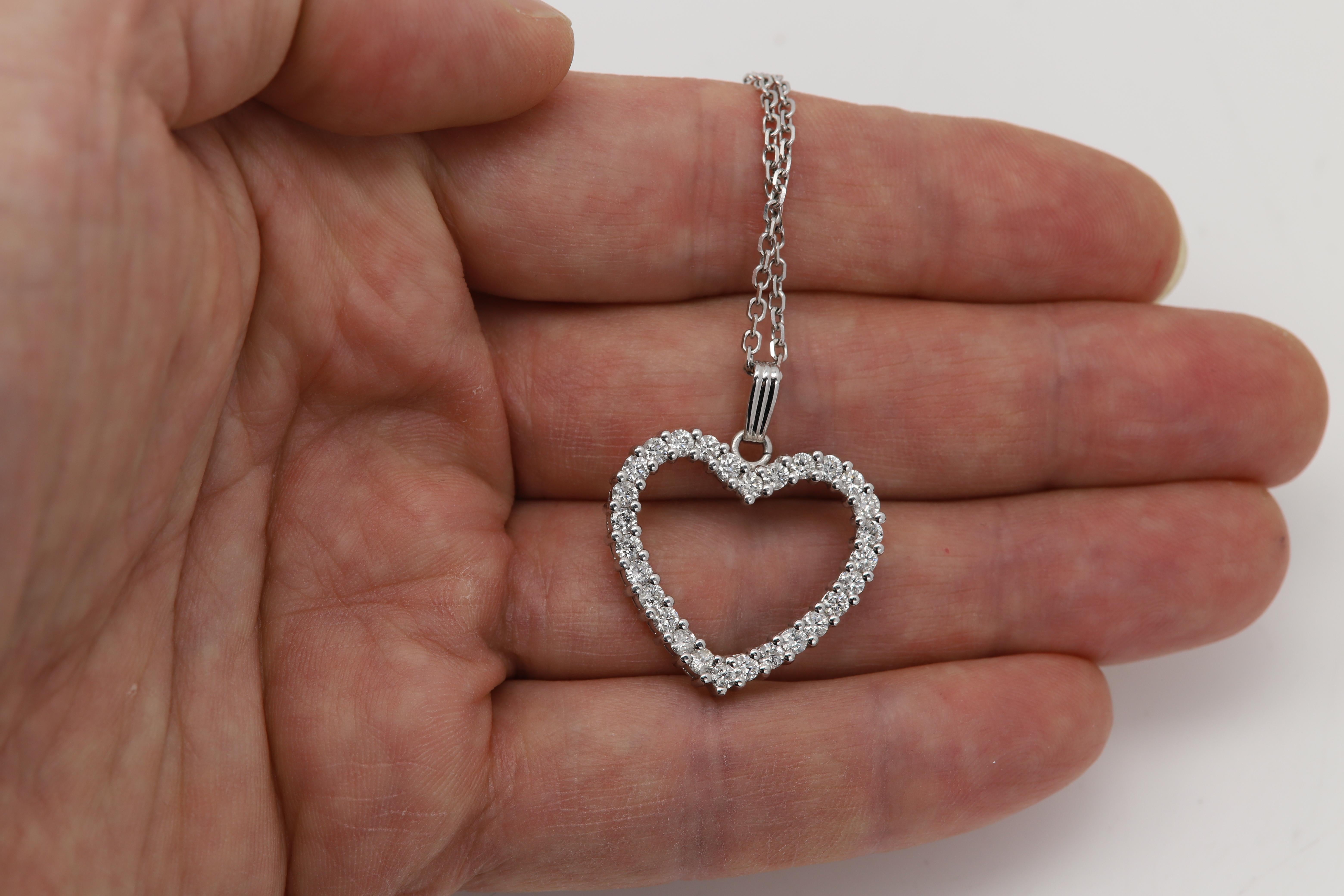 Round Cut Diamond Heart Necklace 14 Karat White Gold Natural Diamonds Heart Pendant For Sale