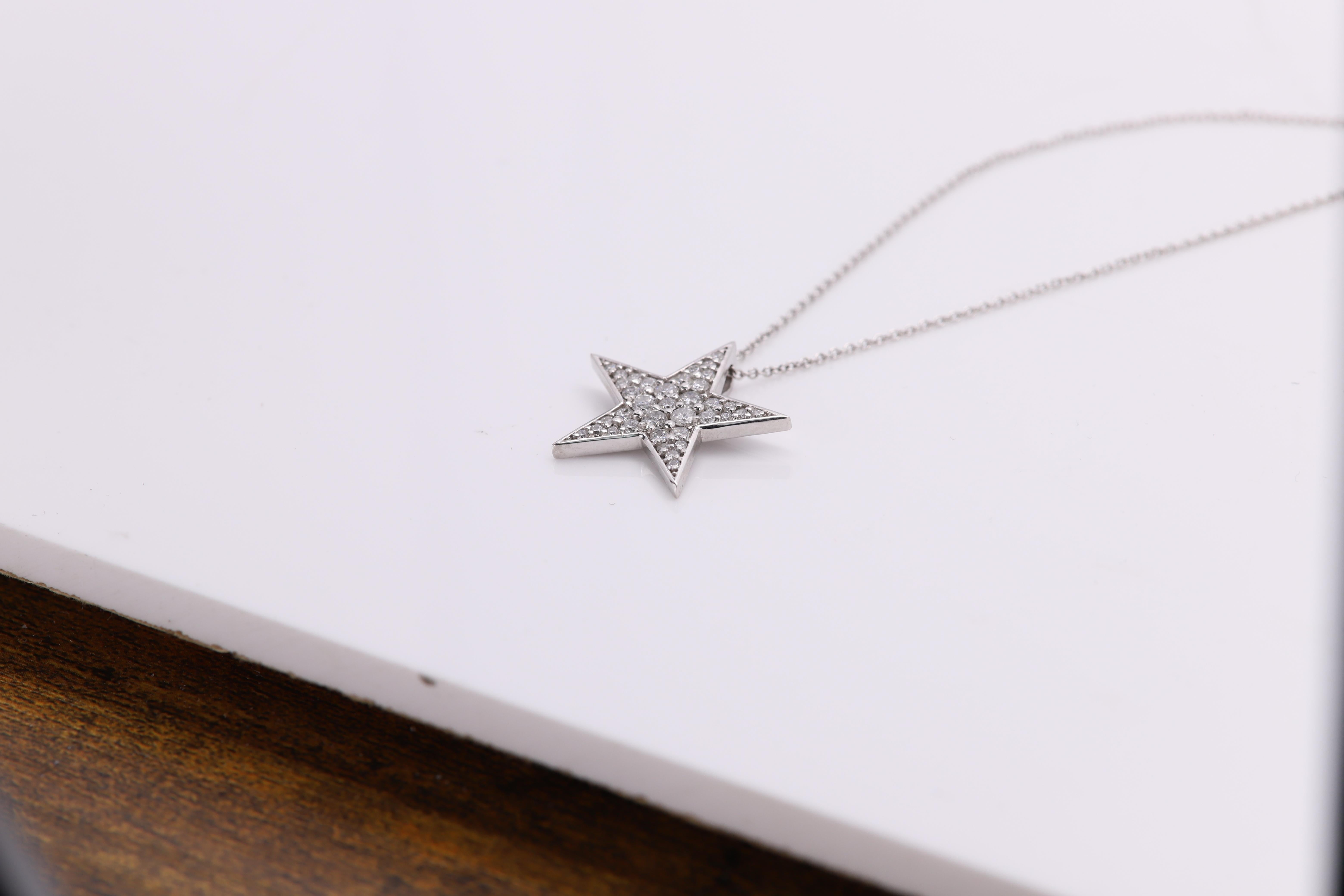 Round Cut Star Diamond Necklace 14 Karat White Gold Natural Diamonds Star Pendant For Sale