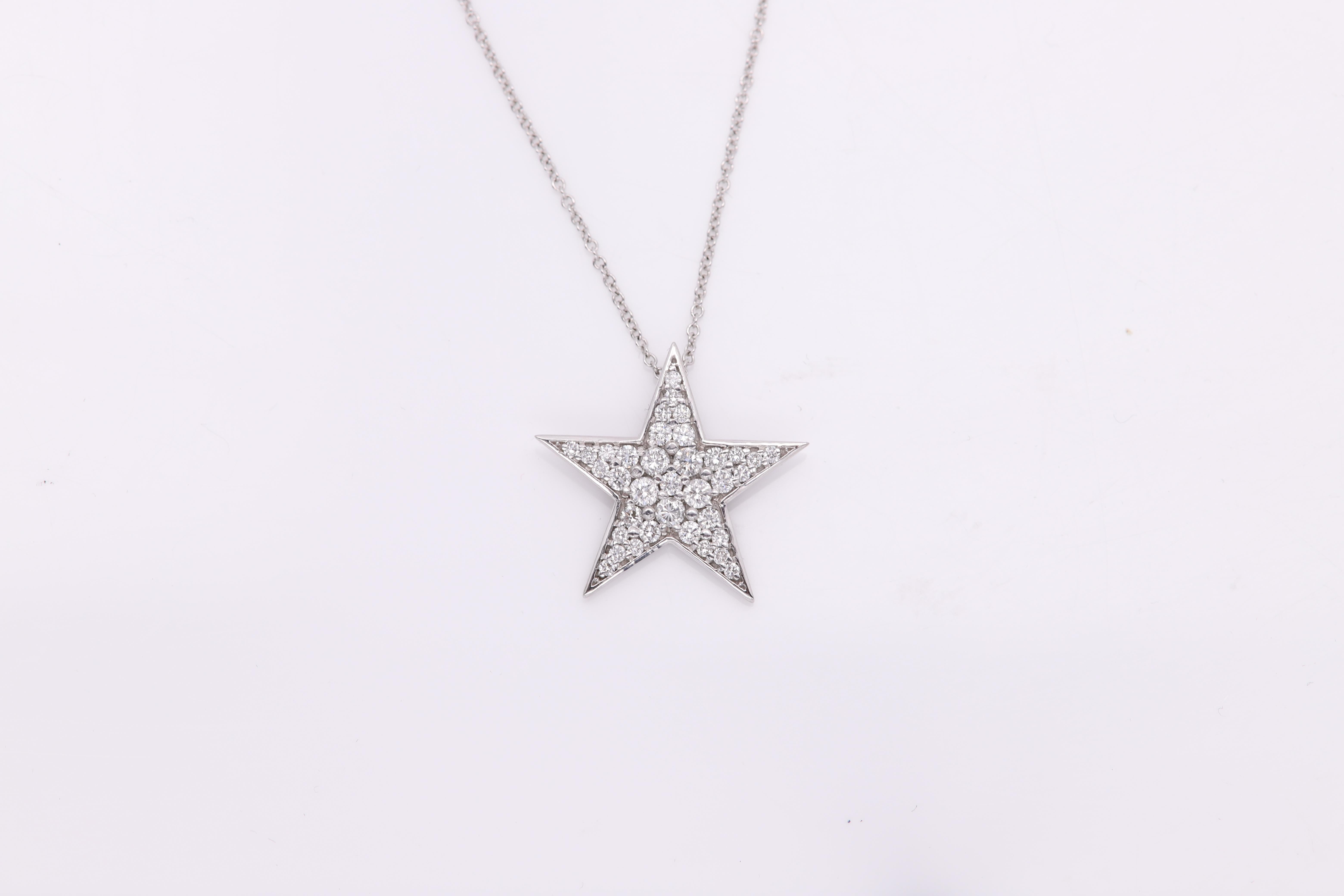 Women's Star Diamond Necklace 14 Karat White Gold Natural Diamonds Star Pendant For Sale