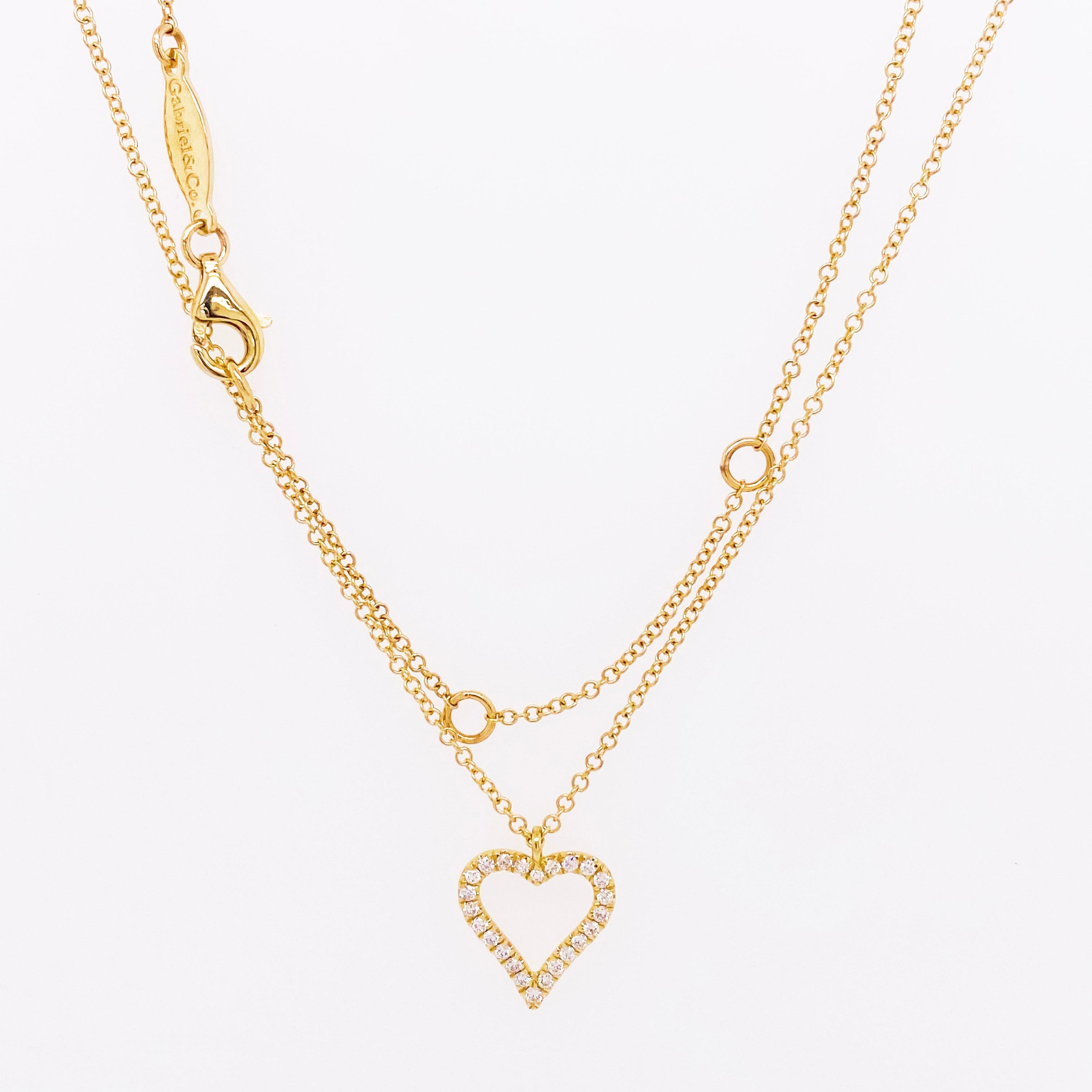 Modern Diamond Heart Necklace, 14K Yellow Gold Pave Diamond Open Heart, NK5452Y45JJ For Sale