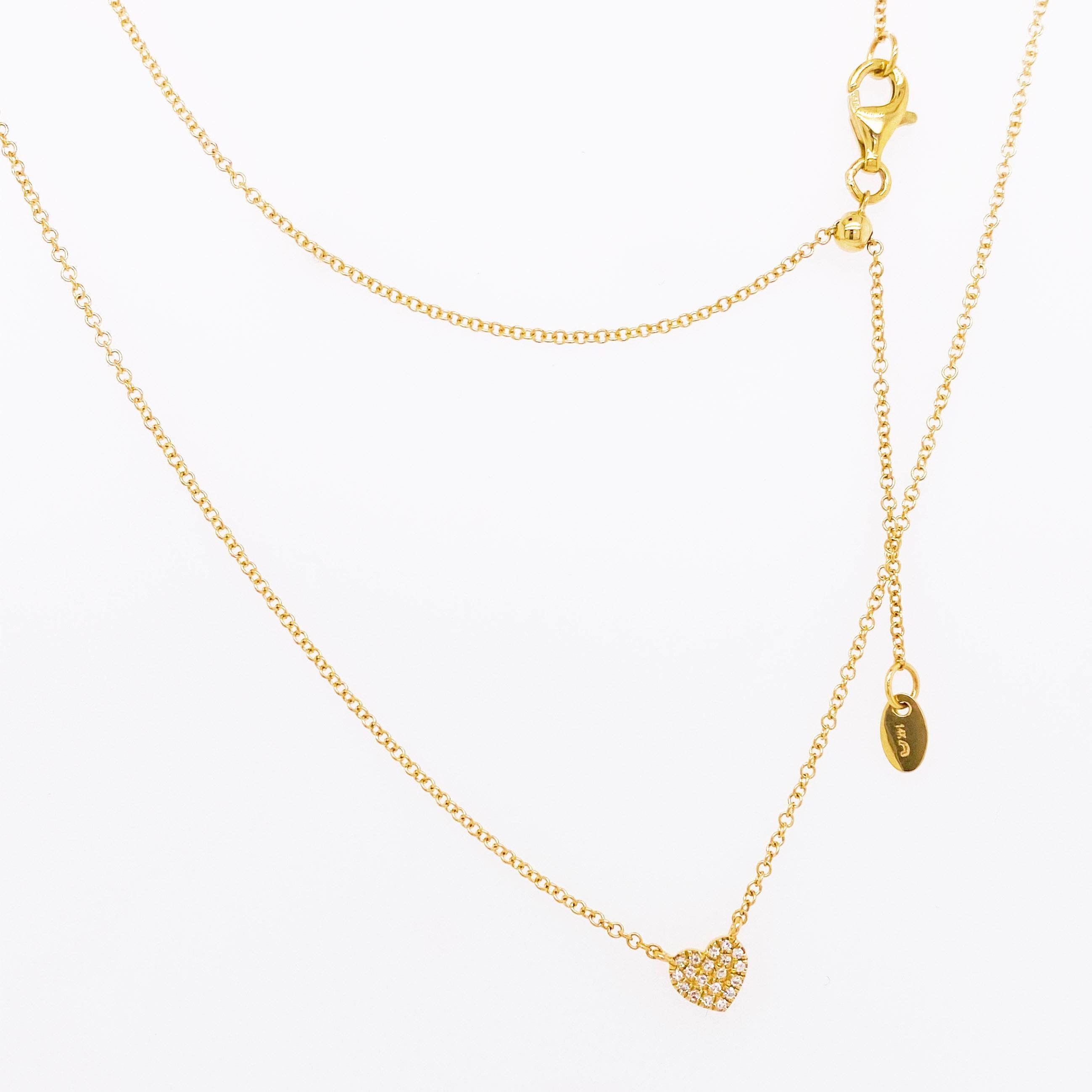 Modern Diamond Heart Necklace, Minimalist Design w Pave Diamond, Heart Pendant, Gold For Sale