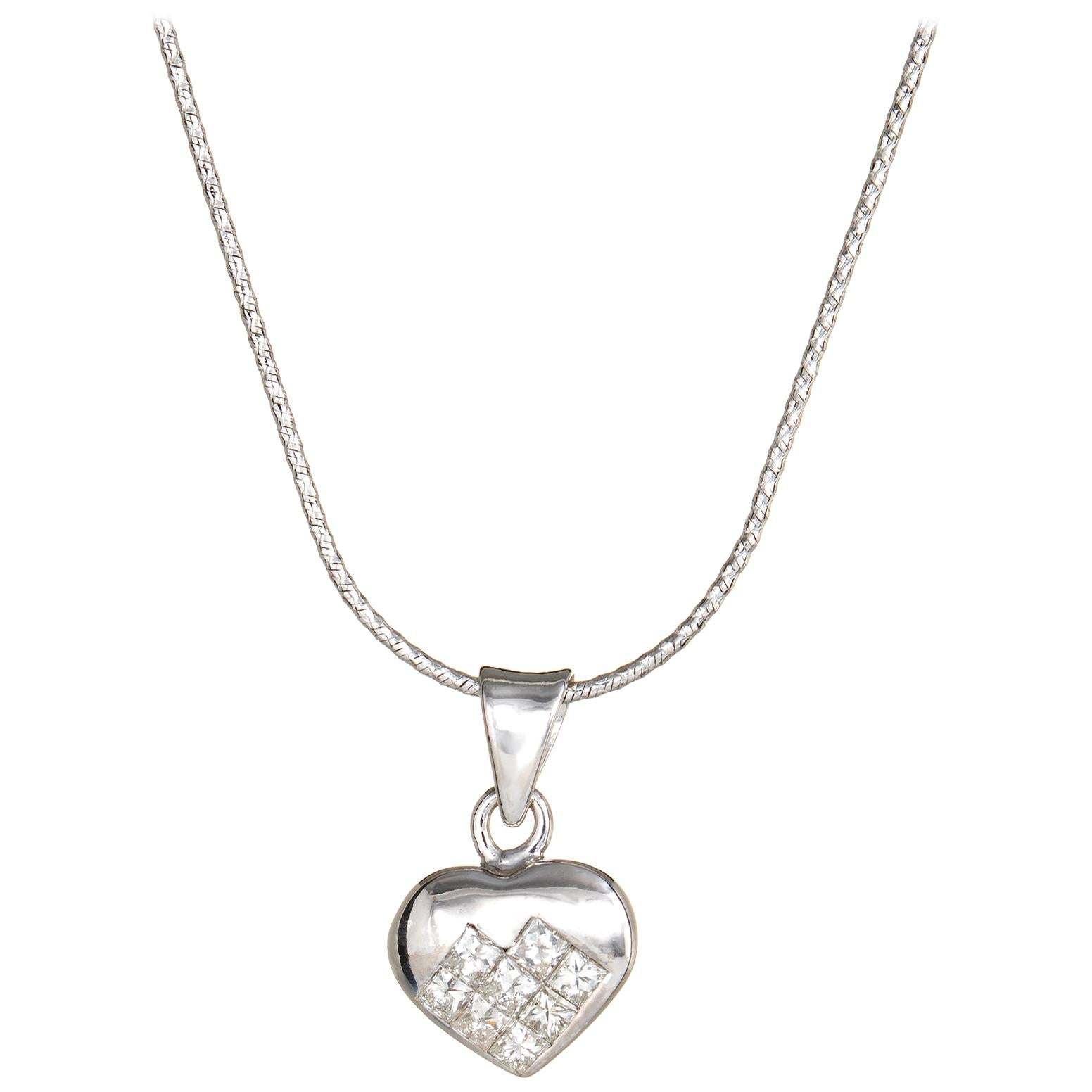 Diamond Heart Necklace Estate 18 Karat Gold Invisible Set Pendant Fine Jewelry For Sale